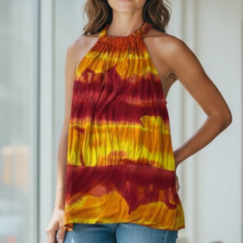Womens Tank Top Size Small Yellow Red Orange Tie Dye Hippie Summer Casual